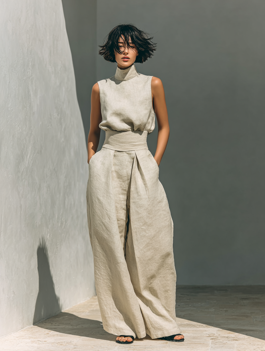 María - Conjunto de camiseta sin mangas y pantalones anchos de algodón y lino, de estilo minimalista, para mujer
