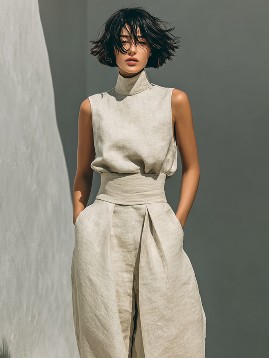 María - Conjunto de camiseta sin mangas y pantalones anchos de algodón y lino, de estilo minimalista, para mujer