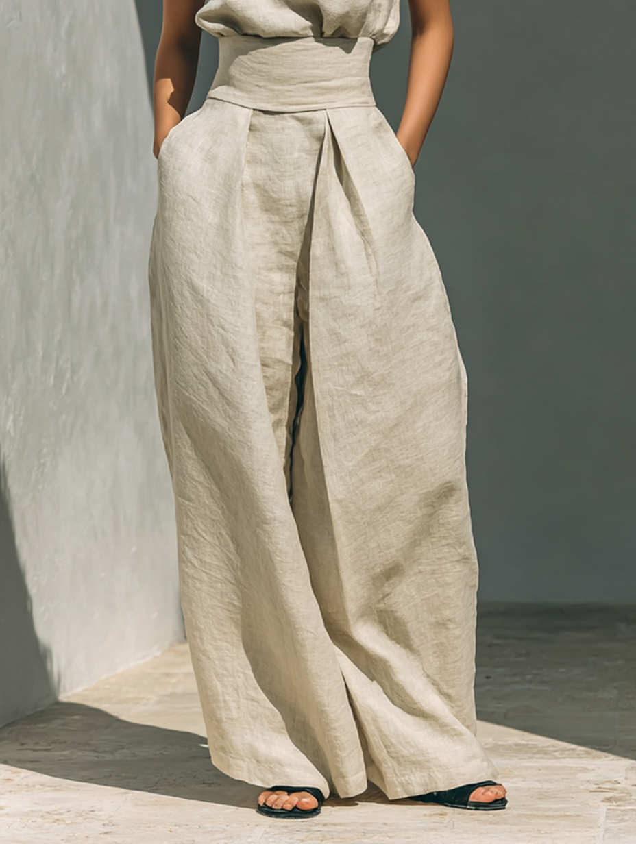 María - Conjunto de camiseta sin mangas y pantalones anchos de algodón y lino, de estilo minimalista, para mujer