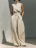María - Conjunto de camiseta sin mangas y pantalones anchos de algodón y lino, de estilo minimalista, para mujer