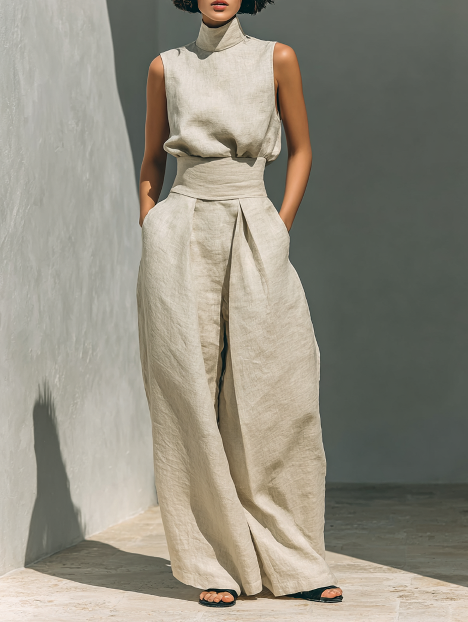 María - Conjunto de camiseta sin mangas y pantalones anchos de algodón y lino, de estilo minimalista, para mujer