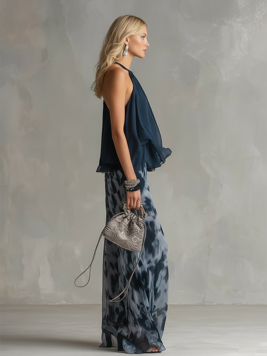 Ludovica - elegante de chifón con top de cuello alto y pantalones anchos estampados