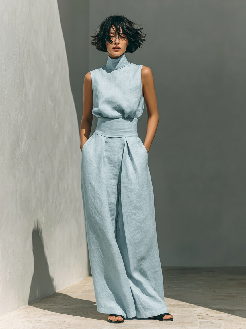 María - Conjunto de camiseta sin mangas y pantalones anchos de algodón y lino, de estilo minimalista, para mujer