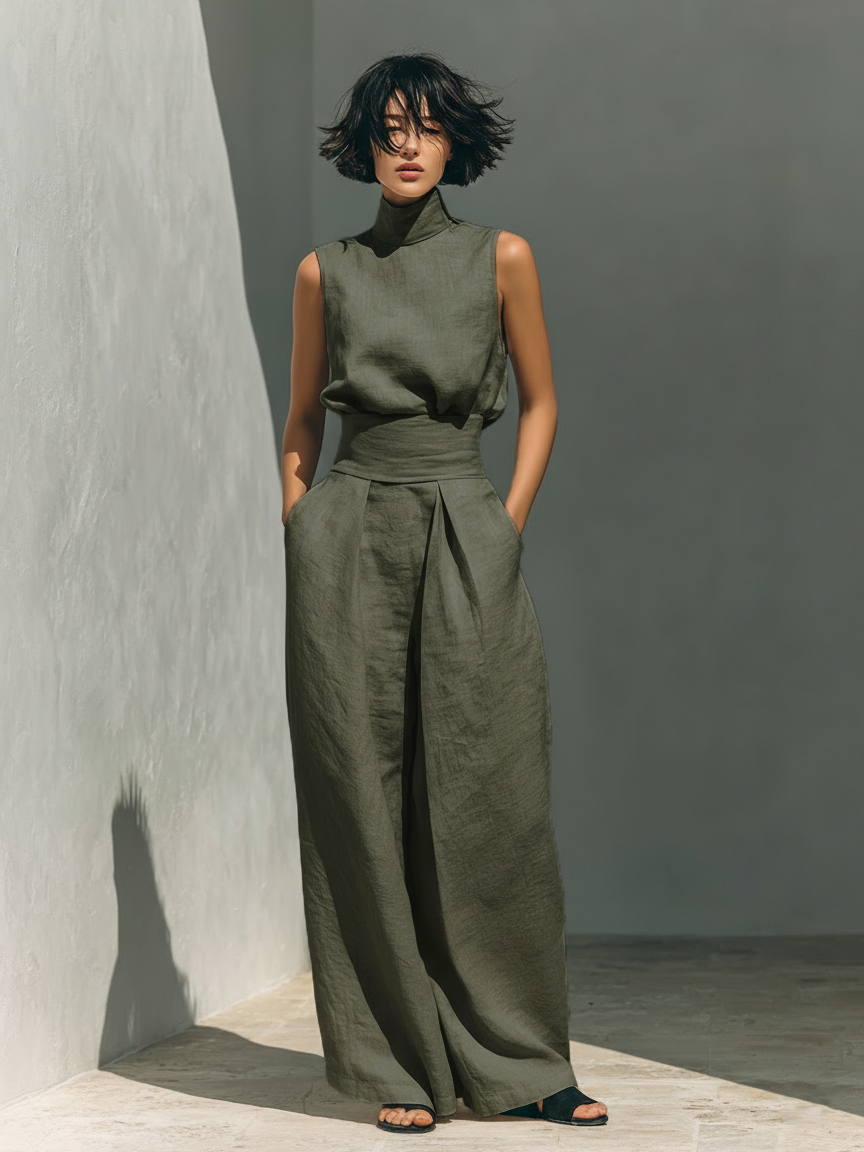 María - Conjunto de camiseta sin mangas y pantalones anchos de algodón y lino, de estilo minimalista, para mujer
